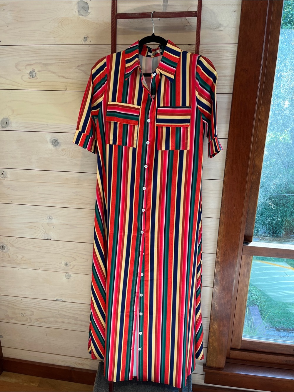 Striped Maxi Shirt Dress in Red, Green & Navy